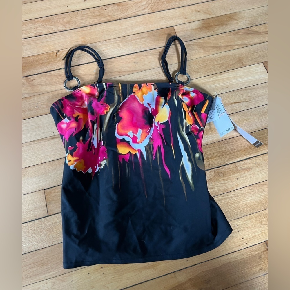 NWT Christina separated pink and orange floral print black swim cami top
